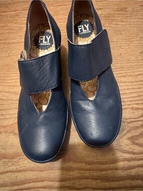 FLY London Navy Leather Mary Jane Flats with Wide Strap
